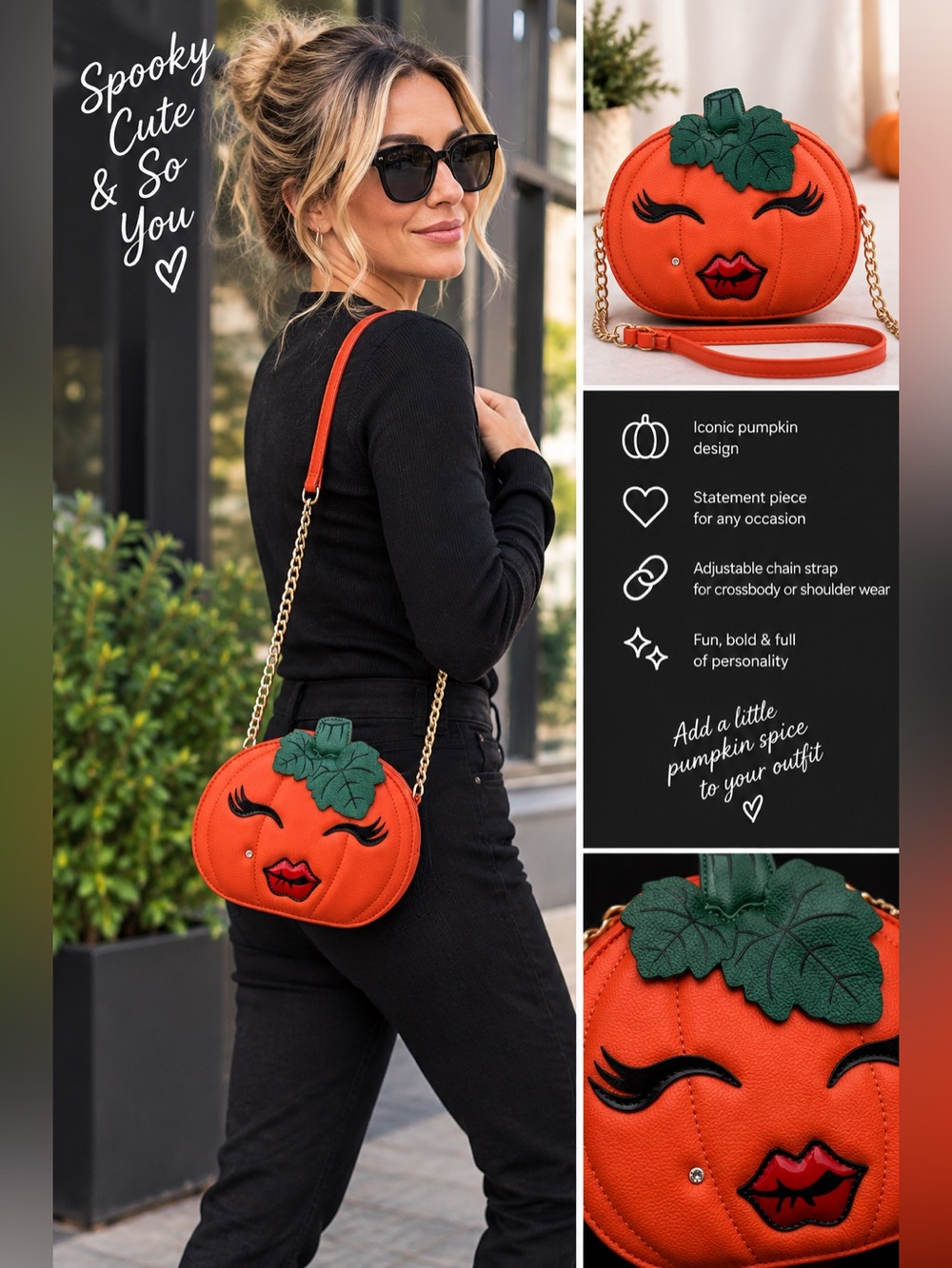 Betsey Johnson Orange Pumpkin Face Crossbody Bag with Green Leaf
